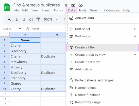Creating a filter in Google Sheets