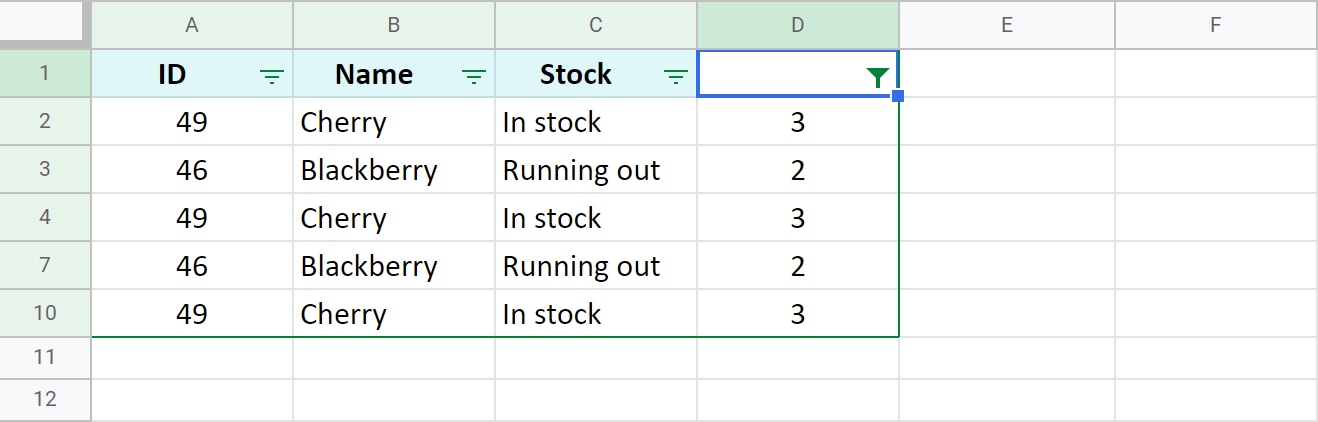 Filter the table by the column to see & hide the required data type.
