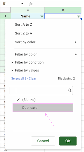 Unchecking duplicates in the filter menu