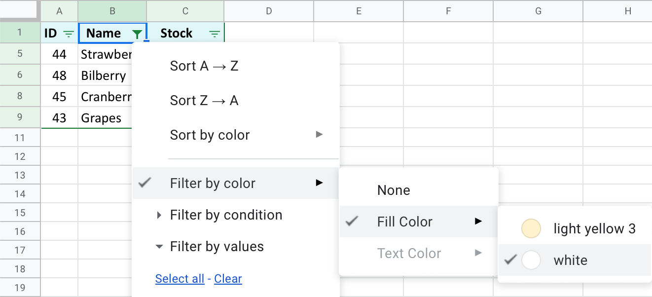 Filter data by the fill color: delete duplicates in Google Sheets.