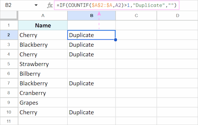 Identifying only duplicate cells