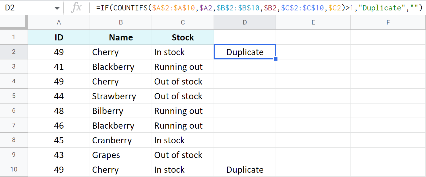 Find duplicate rows with the same records in all Google Sheets columns.