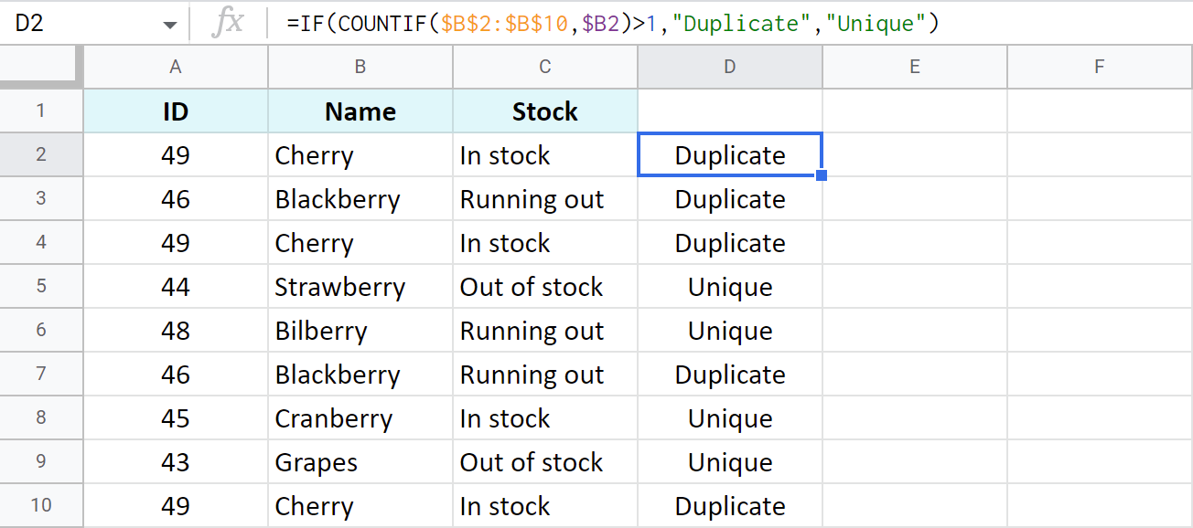 Identify duplicates & uniques in Google Sheet in a status column.