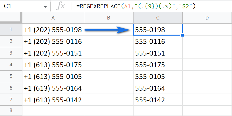 Remove the first 9 chars from cells using REGEXRELACE.
