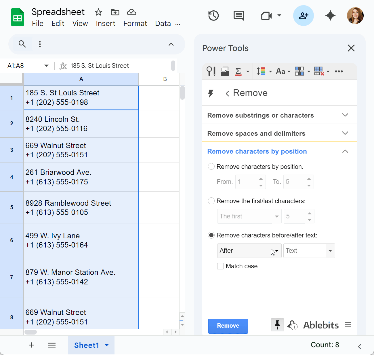 The Power Tools interface for removing text before or after a specific character.