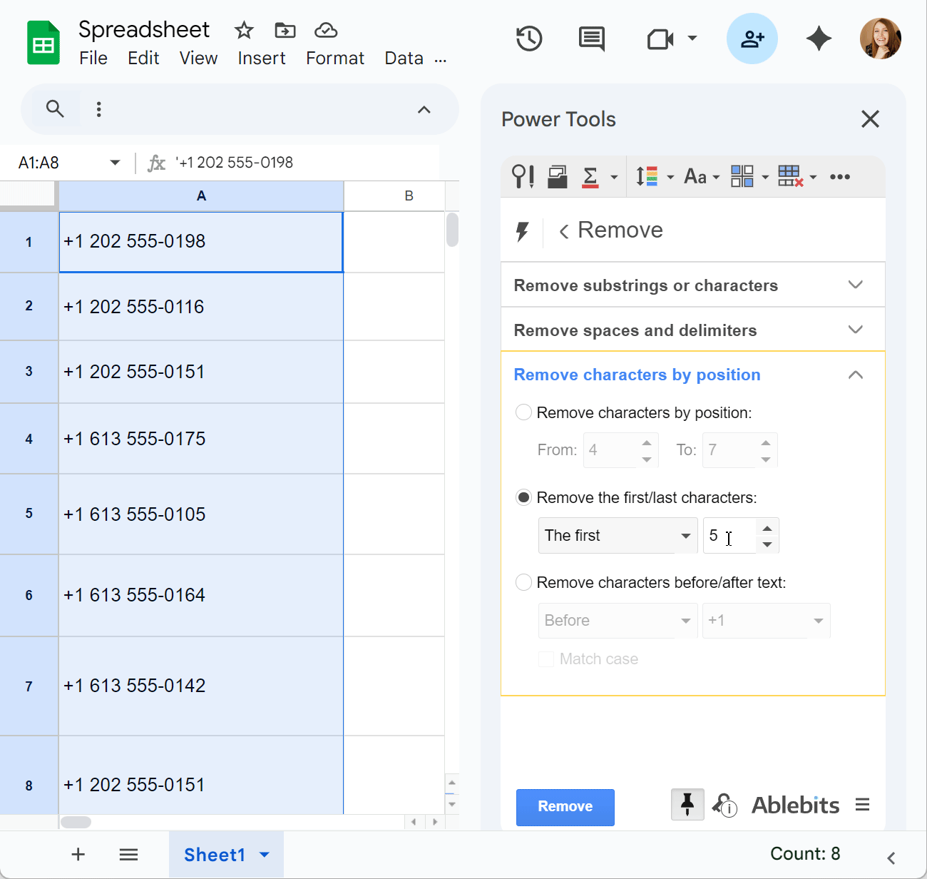 The Power Tools interface for removing a specific number of first or last characters from a selected cell range. The Power Tools interface for removing a specific number of first or last characters from a selected cell range.