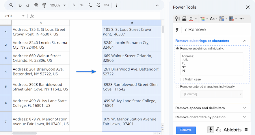 The Power Tools add-on removed a list of multiple substrings from a selected range in a spreadsheet. The Power Tools add-on removed a list of multiple substrings from a selected range in a spreadsheet.