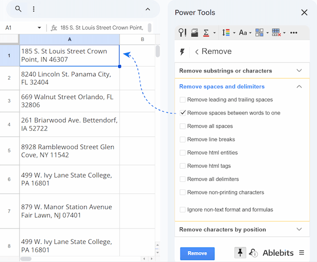 Power Tools interface with the Remove spaces between words to one option selected. Power Tools interface with the Remove spaces between words to one option selected.