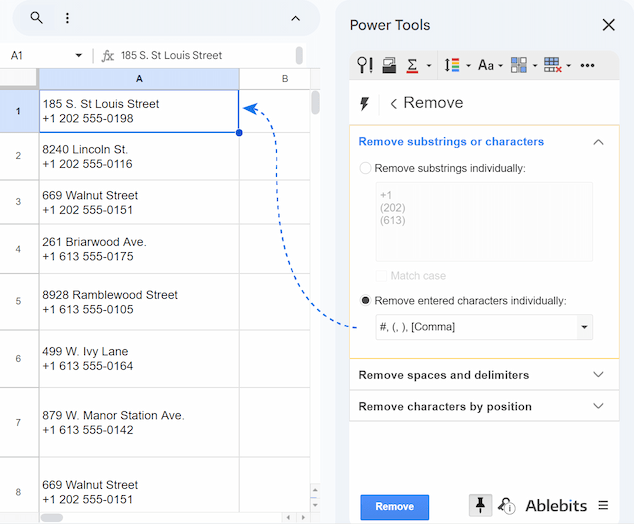 Using the Power Tools add-on to remove multiple specified characters from a selected range of cells in one step. Using the Power Tools add-on to remove multiple specified characters from a selected range of cells in one step.