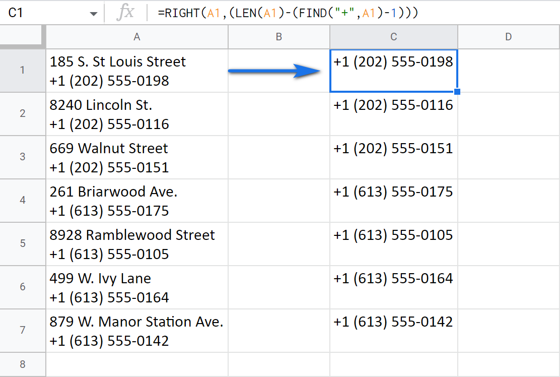 Erase everything before the plus sign using three Google Sheets functions together.
