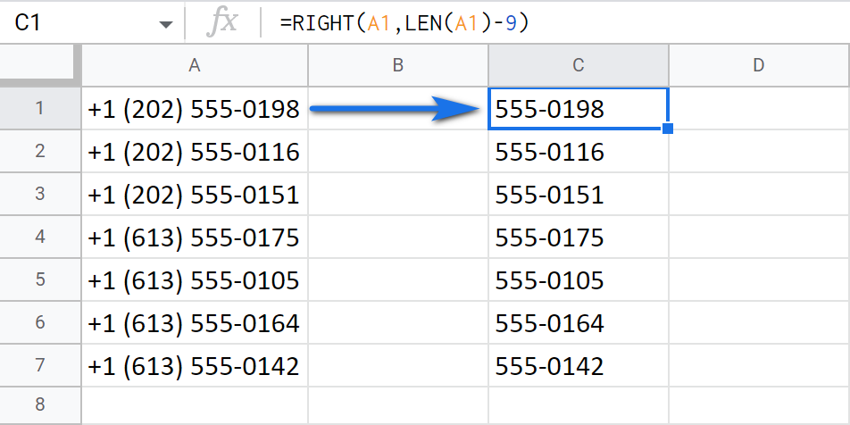 Remove the first 9 chars from cells using RIGHT+LEN.