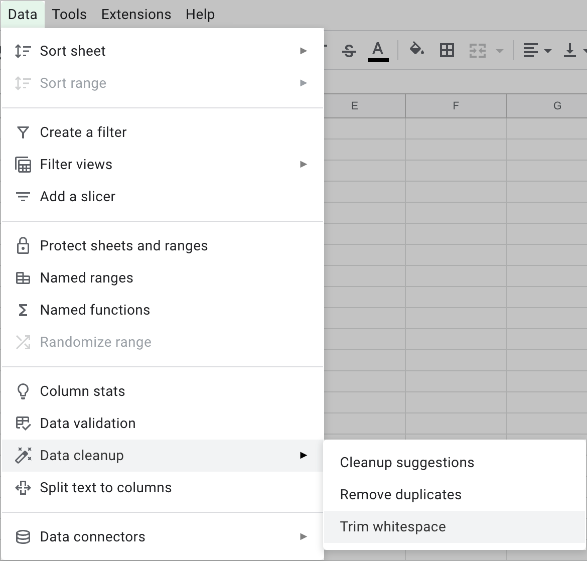 Find the Trim whitespace tool in the Google Sheets menu.