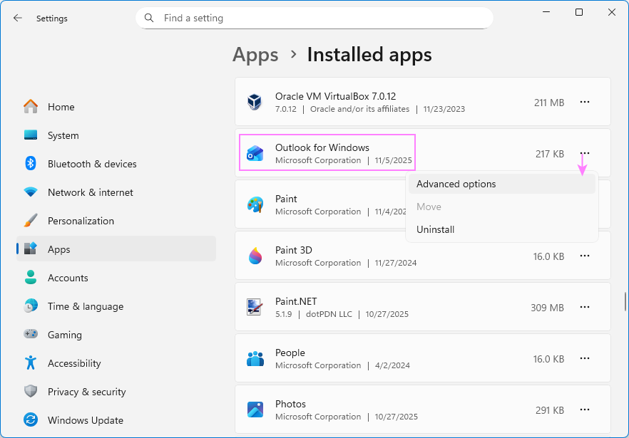 Find the new Outlook under Installed apps and go to advanced options.