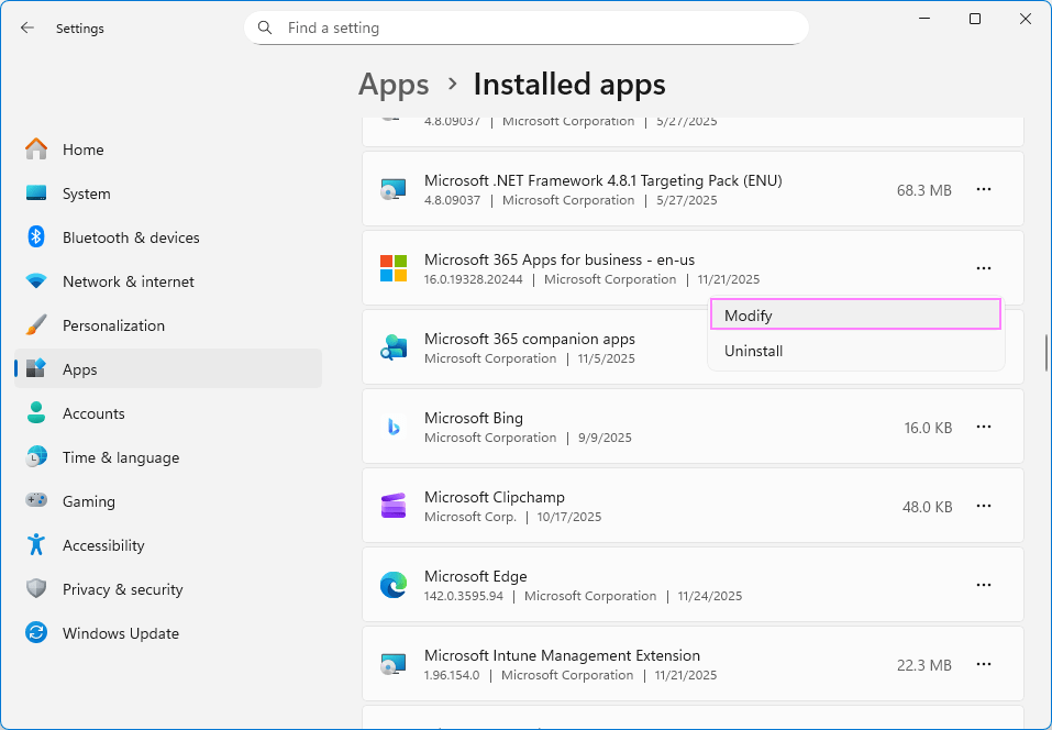 Repair Microsoft 365 via Windows Settings.