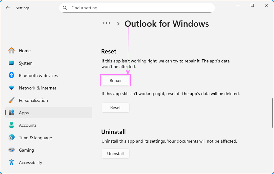 Repair the new Outlook.