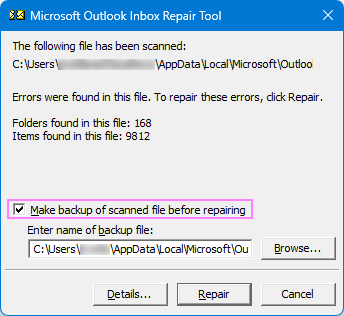 Create a backup of your Outlook data file before repairing.