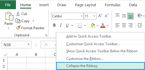 Collapse the ribbon in Excel.