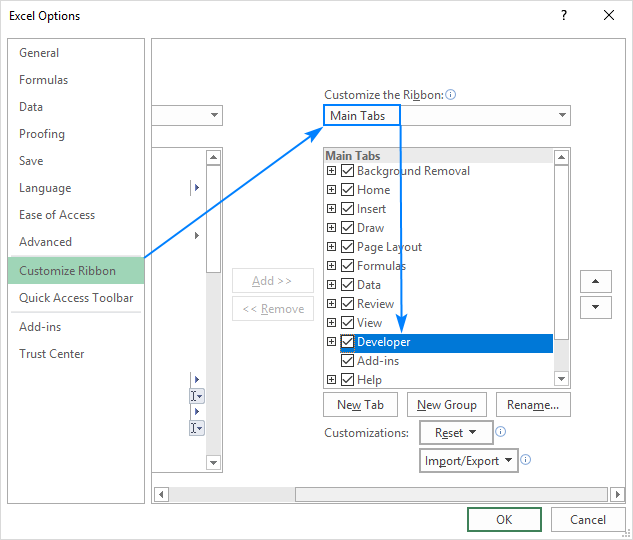 Enabling the Developer tab in Excel