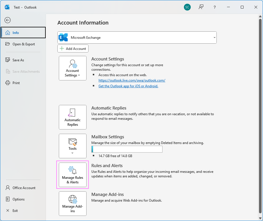 Access email rules in Outlook.