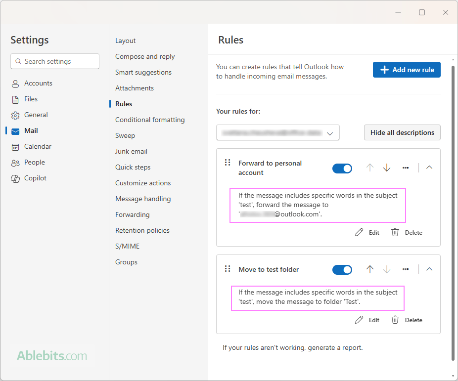 Set up two separate rules to move and forward emails. Set up two separate rules to move and forward emails.