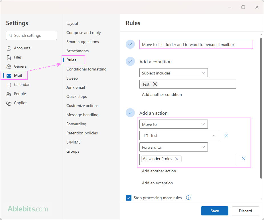 Set up a rule to forward emails form a certain folder.