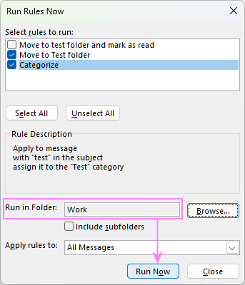 Run the rule on the selected folder in Outlook.