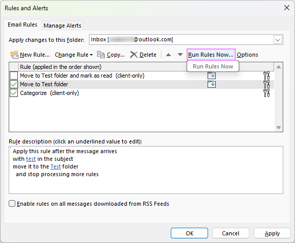 Open the Run Rules Now window.
