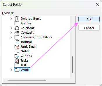 Select the folder where you want your Outlook rules to run.