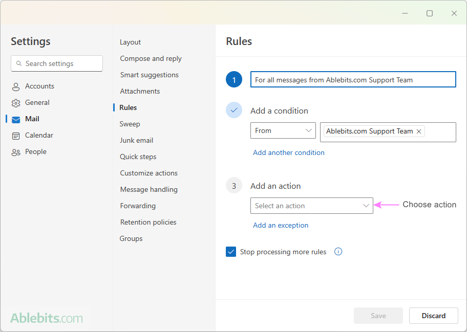 Configure the Outlook rule settings.
