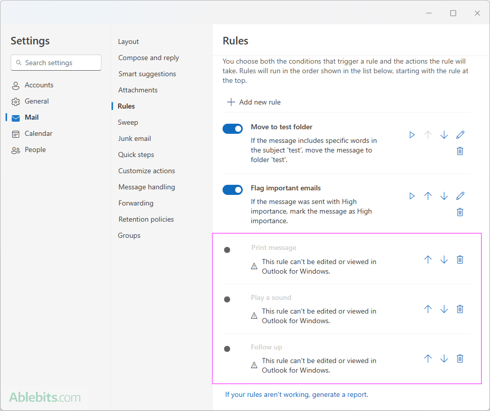 Client-side rules are unavailable in the new Outlook and web.