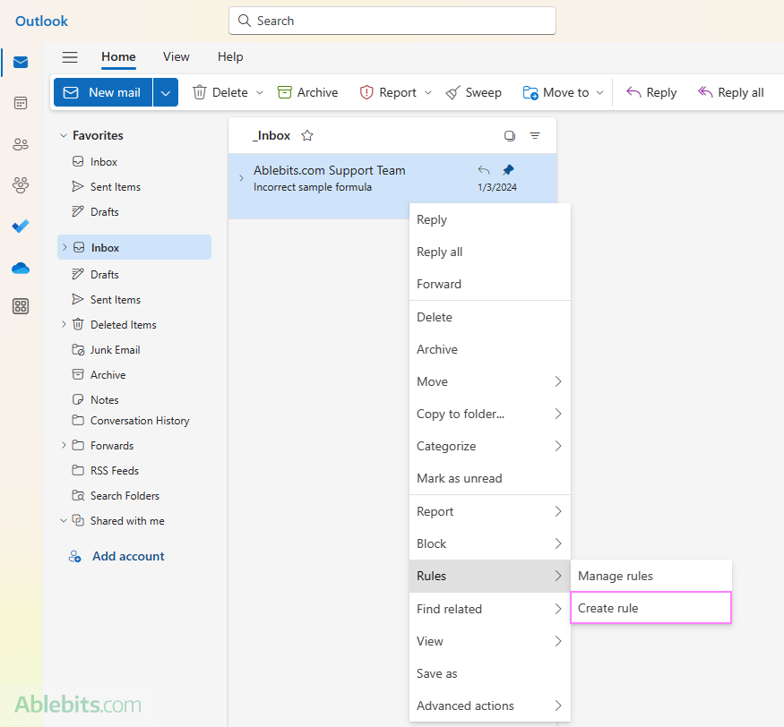 Setting up a rule for a message in the new Outlook.