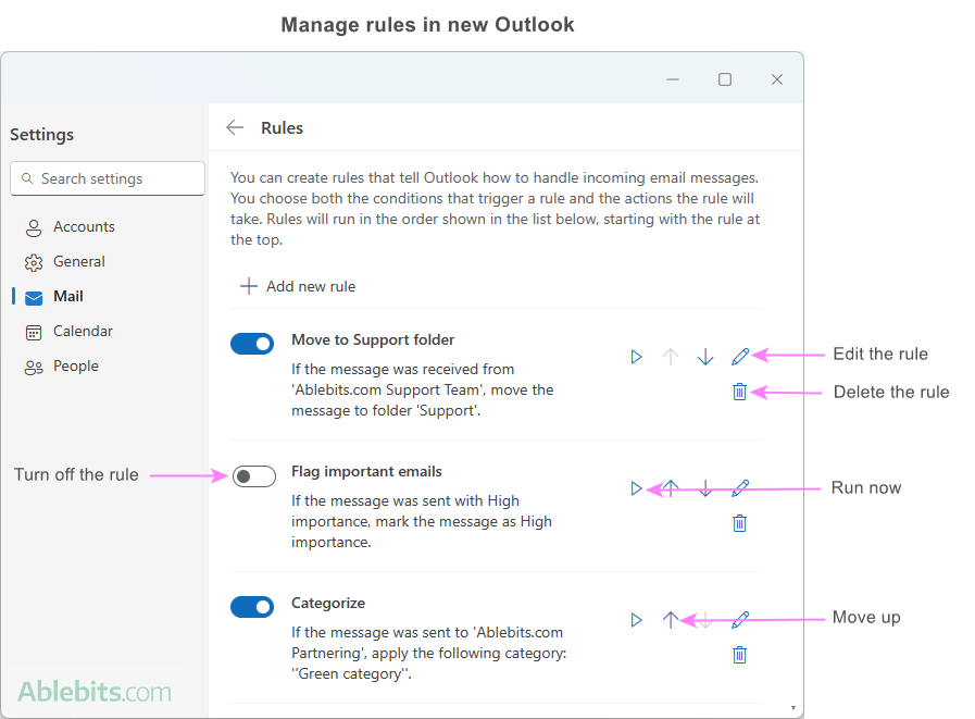 Manage email rules in the new Outlook.