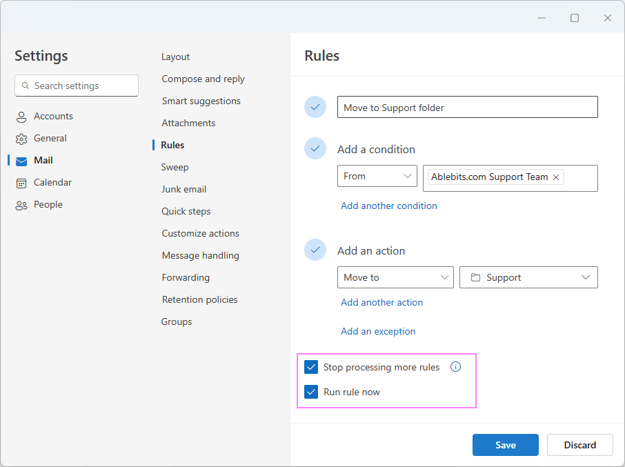 Choose additional options for the Outlook email rule.