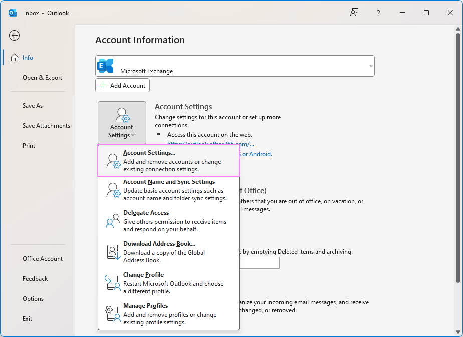 Open the account settings in Outlook.