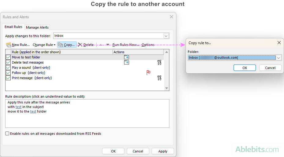 Copy an Outlook rule to another account.