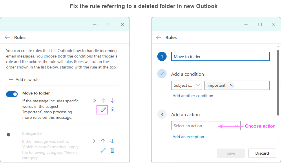 Fix the rule that refers to a deleted folder in the new Outlook.