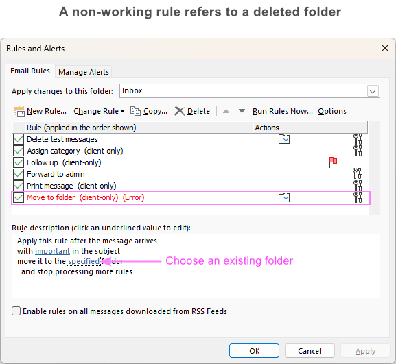 Correct the rule referring to a deleted folder in Outlook.