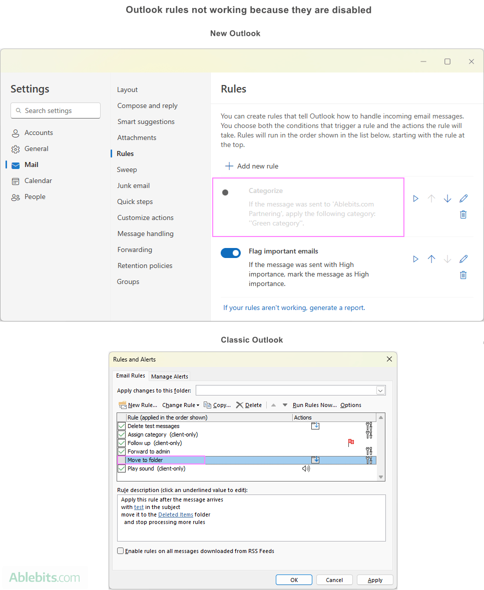 Rules in Outlook do not work because they are disabled.
