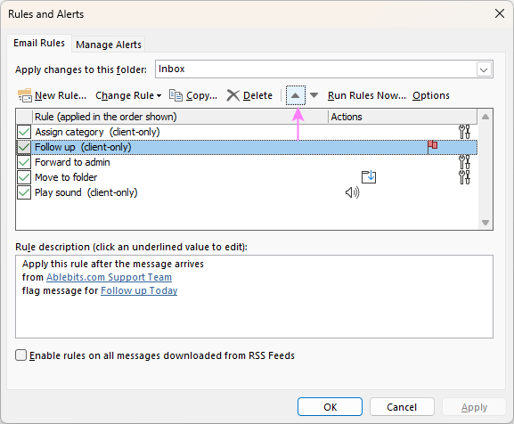Change the order of rules in Outlook.
