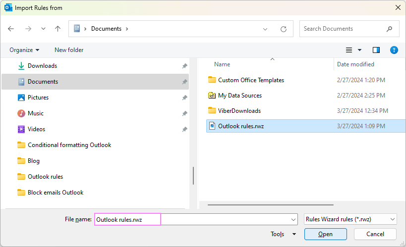 Choose the .rwz file to import rules in Outlook.