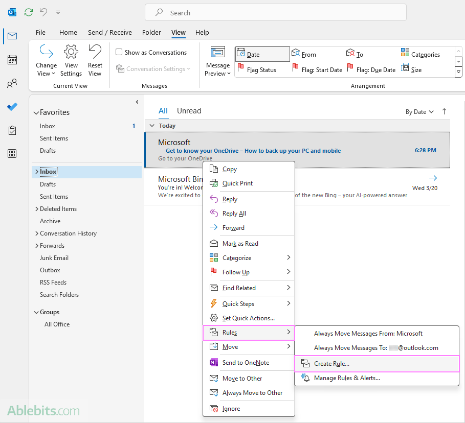 Create an Outlook rule from a message.
