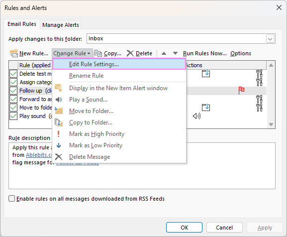 Editing Outlook rules