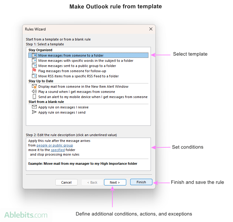 Make an Outlook rule from a template.