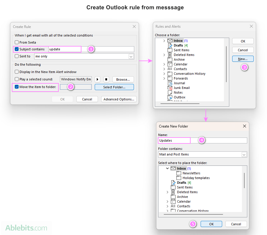 Create an Outlook rule to move messages containing a specific word in the subject line.
