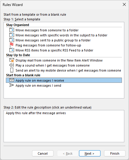 Select to apply the rule on messages I receive to set up a forwarding rule in Outlook.