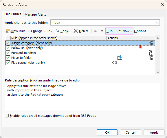 Run rules manually in Outlook.