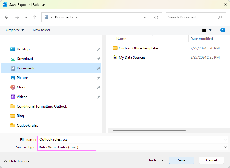 Choose the folder where you want to save the exported rules and name the file.