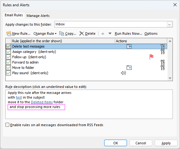 Stop processing more rules in Outlook
