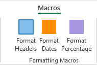 Three macro buttons are added to the Excel ribbon.