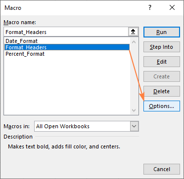 Click Options to edit the macro parameters.